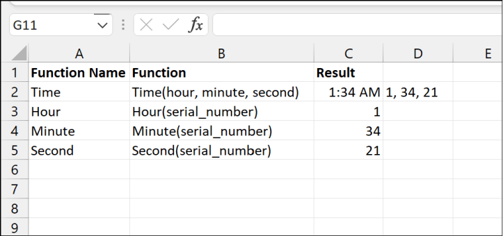 Excel Insert Date and Time Functions - Time Functions