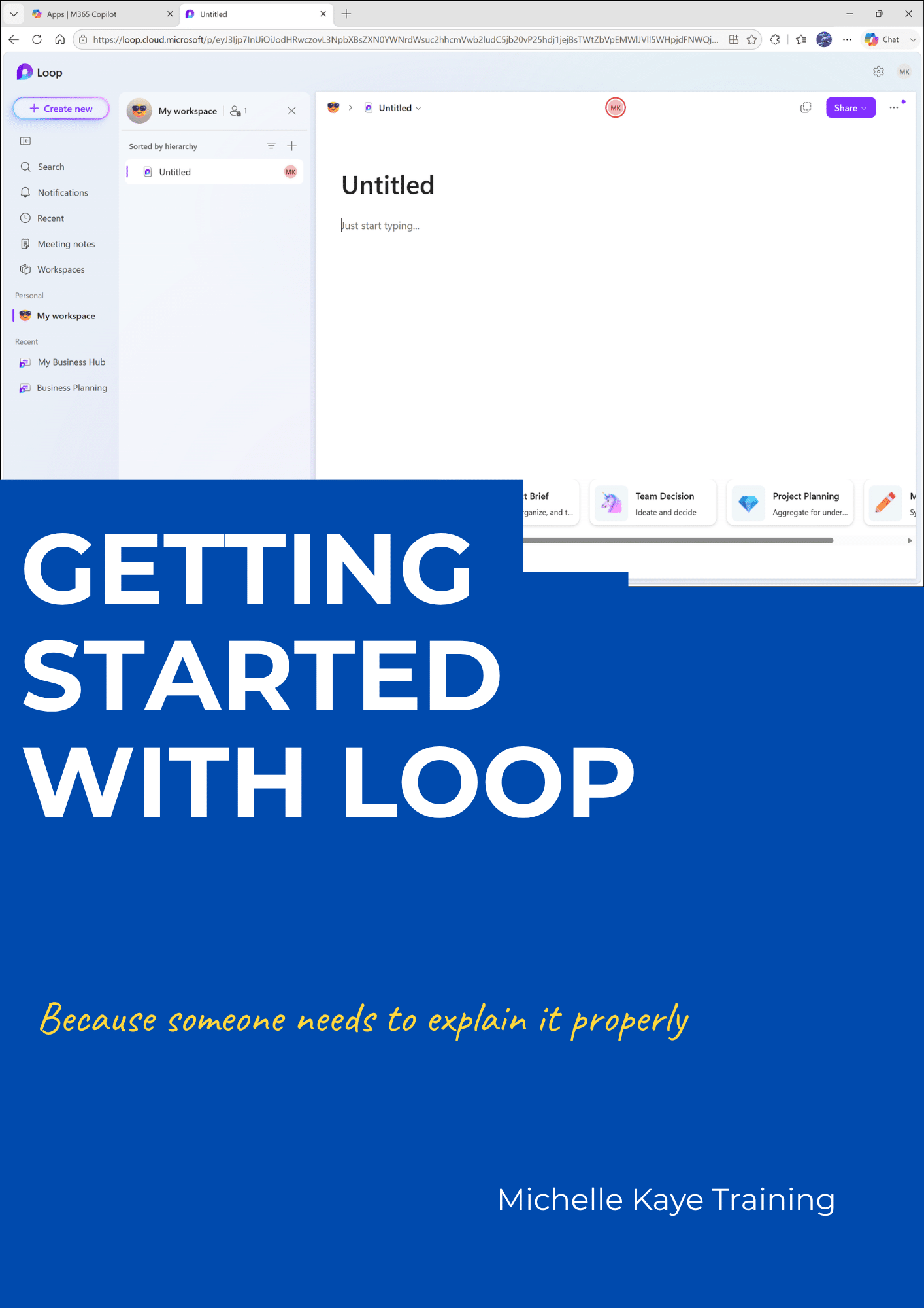 Getting Started with Microsoft Loop guide cover, showing a screenshot of the Microsoft Loop interface with bold white title text on a blue background, published by Michelle Kaye Training.