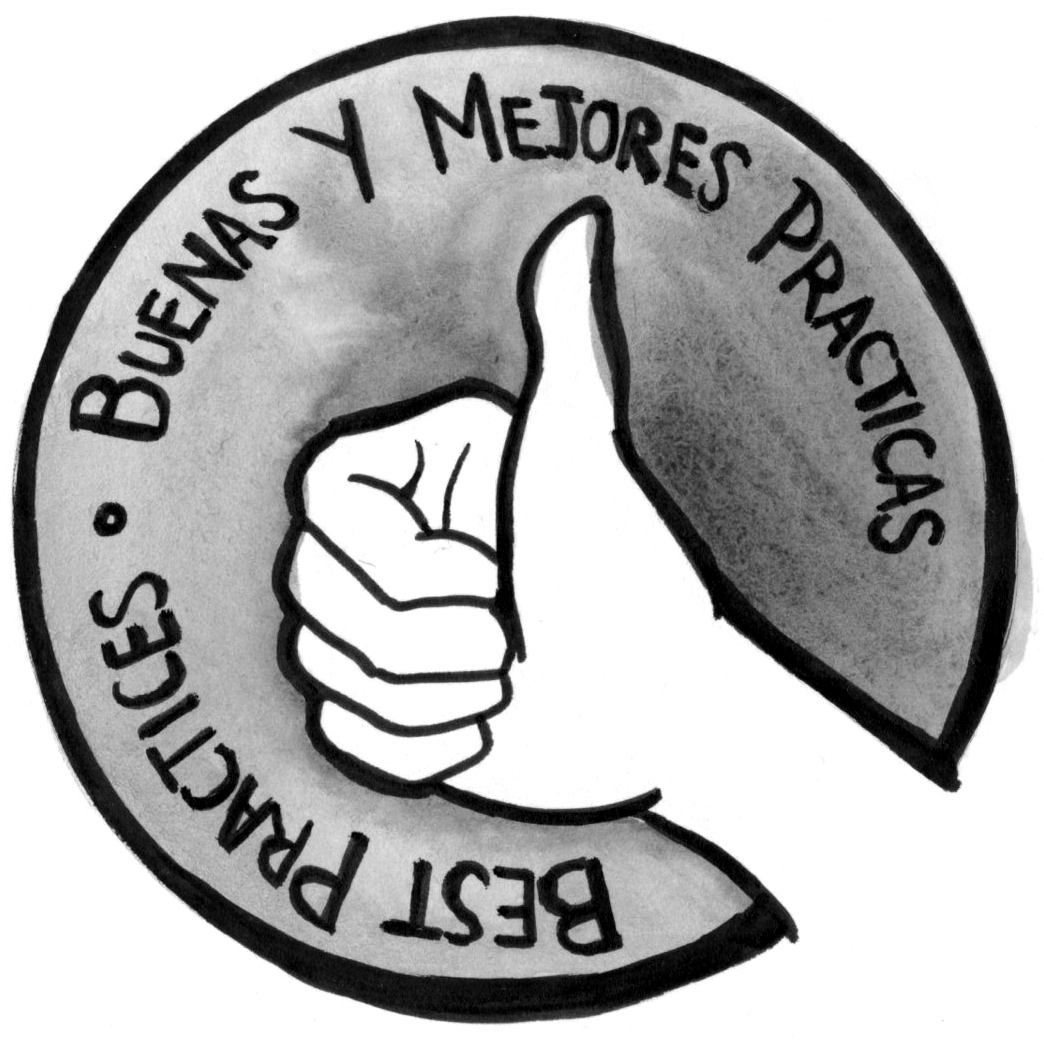 Illustration of a hand making a thumbs up sign. Text reads: "Best Practices." (Buenas y Mejores Practicas in Spanish).