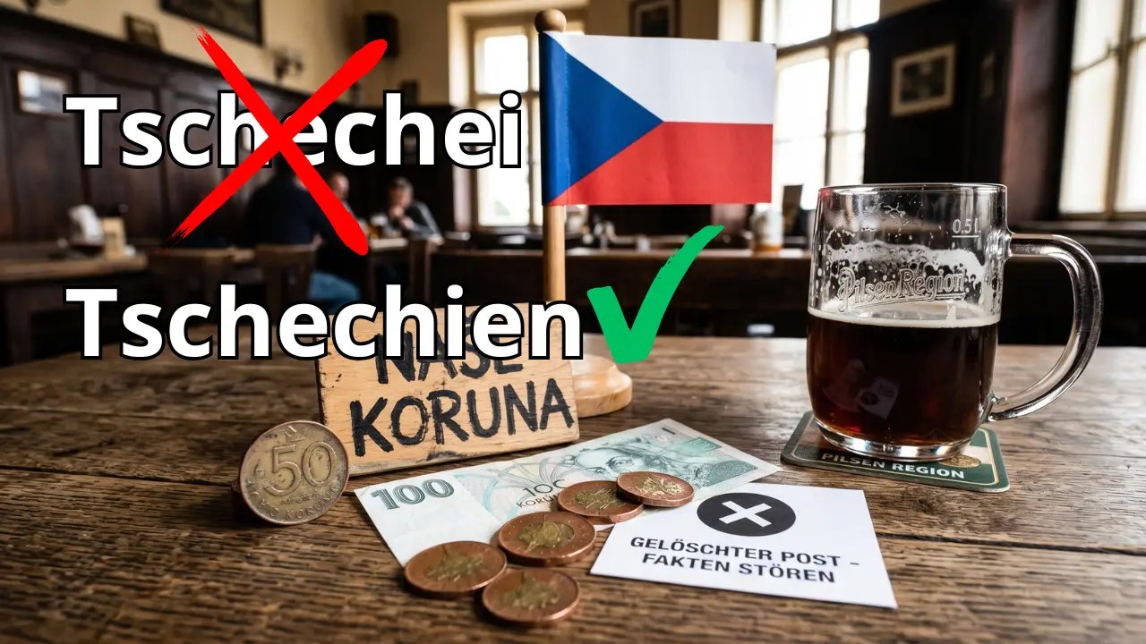 Tschechische Flagge, tschechische Kronen (CZK) Münzen und Geldscheine sowie ein Schild mit der Aufschrift "GELÖSCHTER POST - FAKTEN STÖREN" auf einem rustikalen Holztisch in einer traditionellen tschechischen Hospoda.