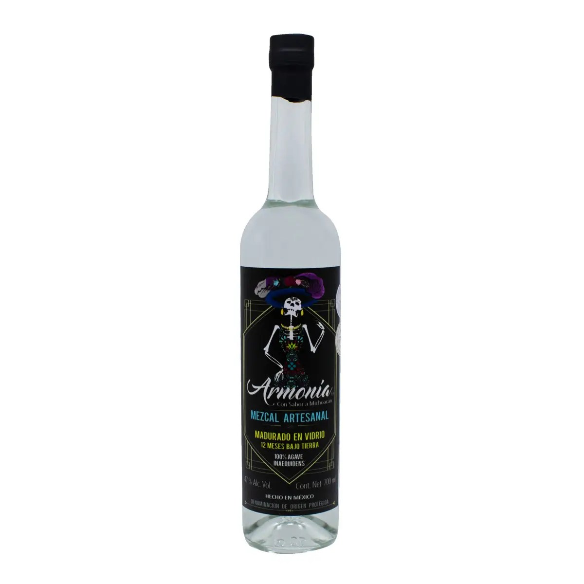 Mezcal Artesanal Madurado en Vidrio 12 meses Bajo Tierra 100% Inaequidens Mezcal Armonía 750 ml.