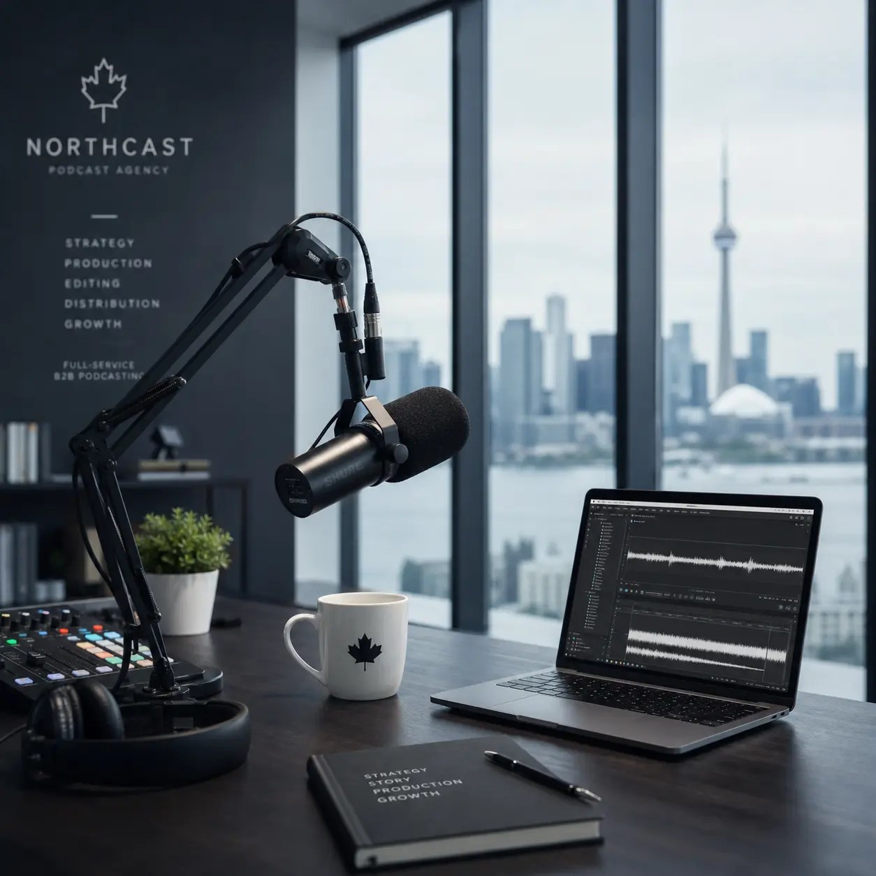 An organized overhead desk view with a podcast microphone, headphones, and a workflow planner representing a full-service B2B podcast agency managing production and pipeline end-to-end