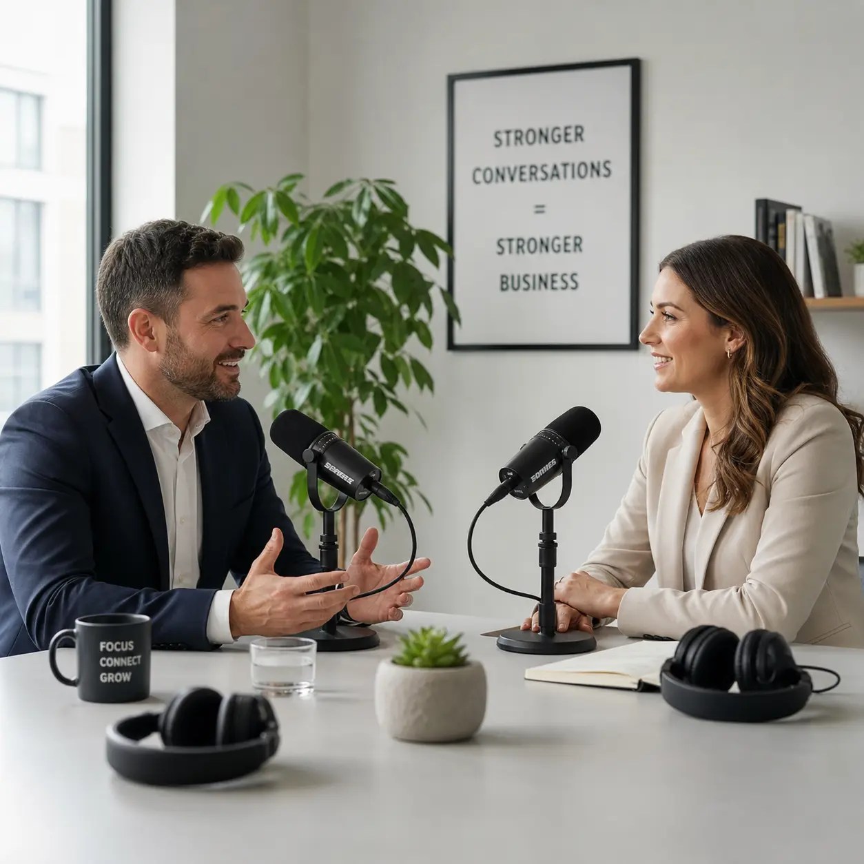 Two business professionals seated across from each other in a podcast conversation with microphones, representing B2B podcast lead generation through rapport building