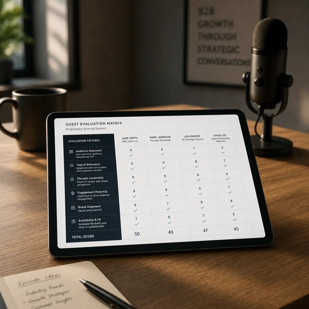 A sleek tablet displaying a scoring matrix grid on a clean desk next to a podcast microphone, representing Micme's proprietary B2B podcast guest booking system