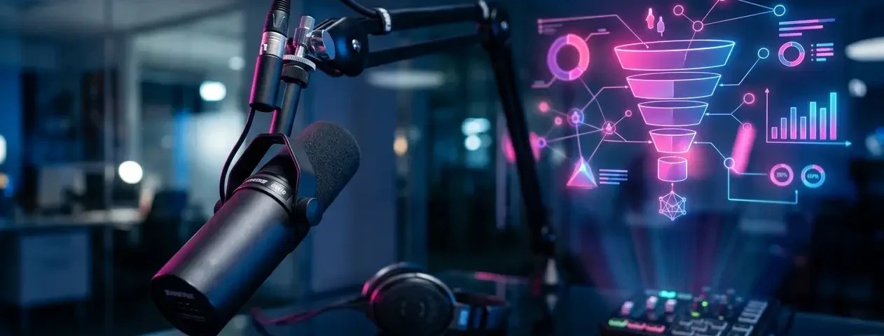 Professional podcast microphone on a studio desk with a glowing holographic sales funnel and analytics data projected in the background, representing B2B podcast guest strategy as a pipeline development tool.