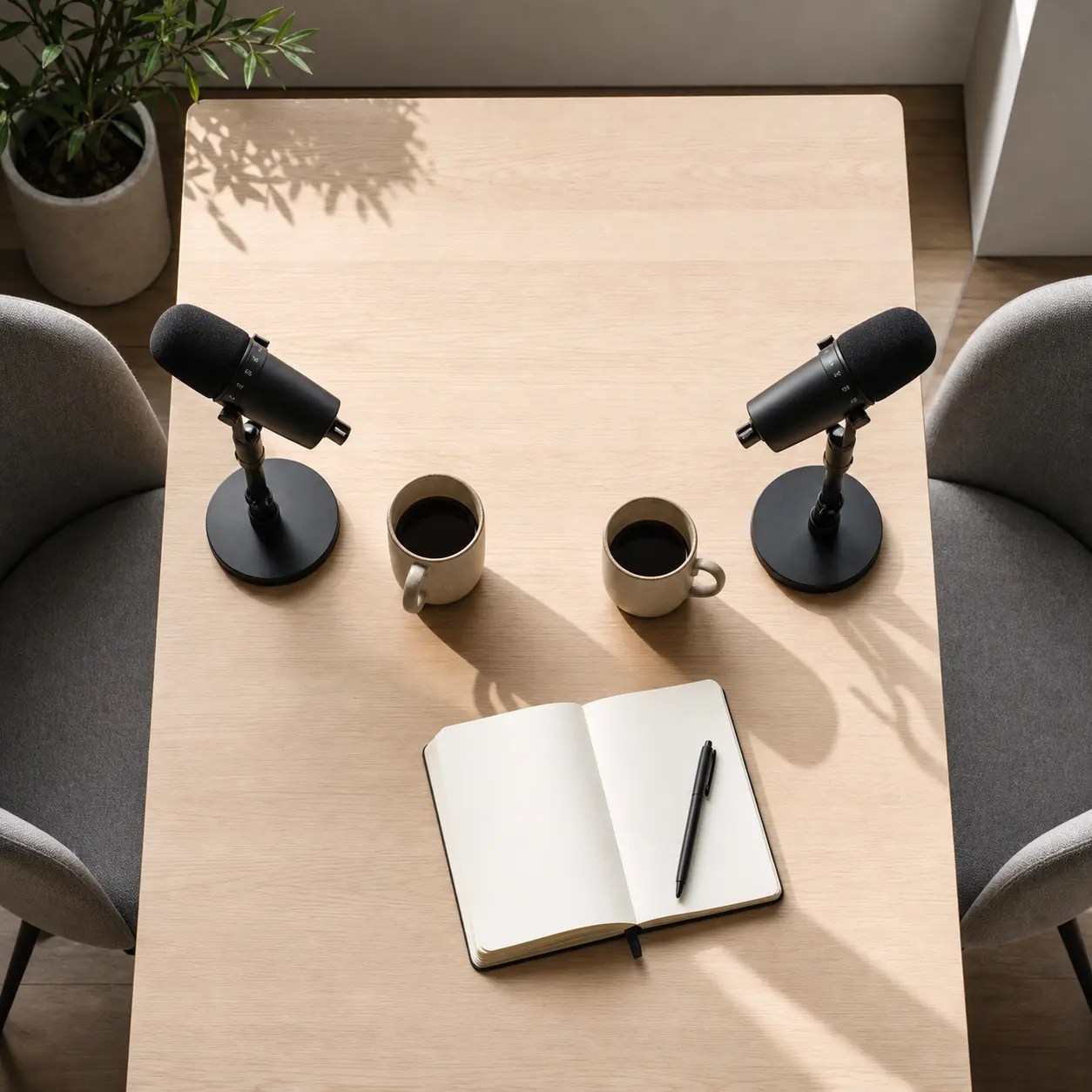 Two professional podcast microphones facing each other on a clean desk with coffee cups and an open notebook, representing a B2B podcast guest strategy conversation