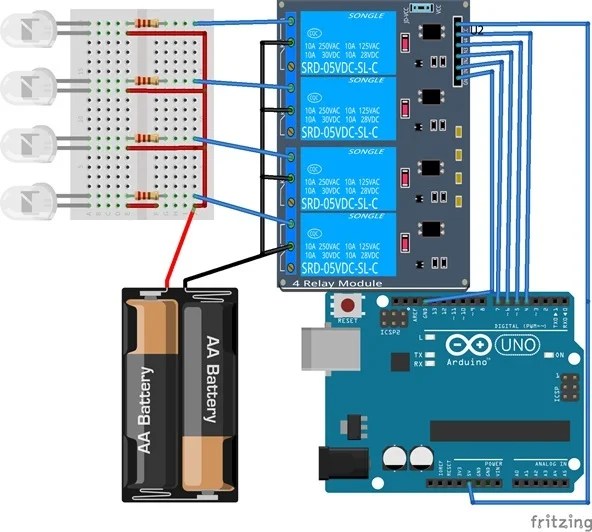 relay module interfacing with arduino code and circuit diagam