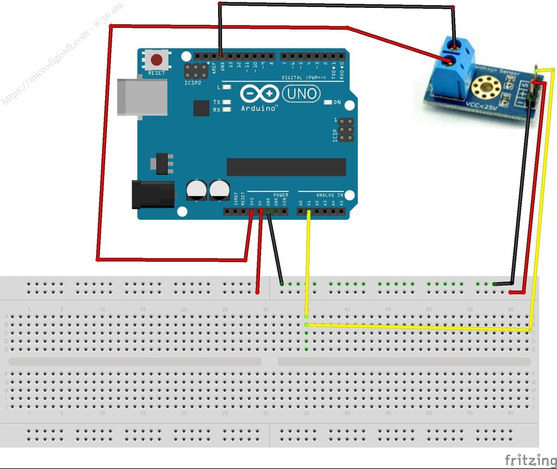 Interfacing Voltage Sensor Module with Arduino | microdigisoft.com