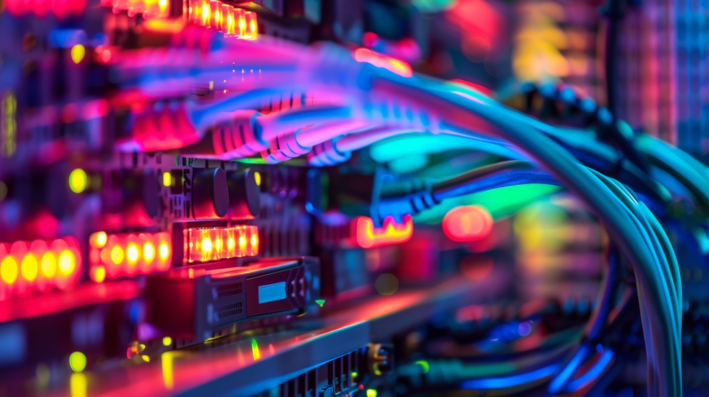 Colorful illuminated server cables and lights - data center