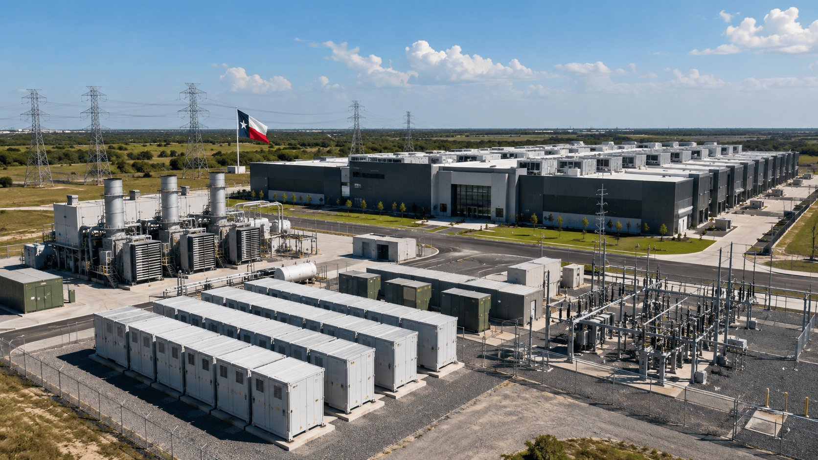 Illustration of AI data center power infrastructure with battery storage and on-site generation - image for Energy Vault Texas AI data center power deal