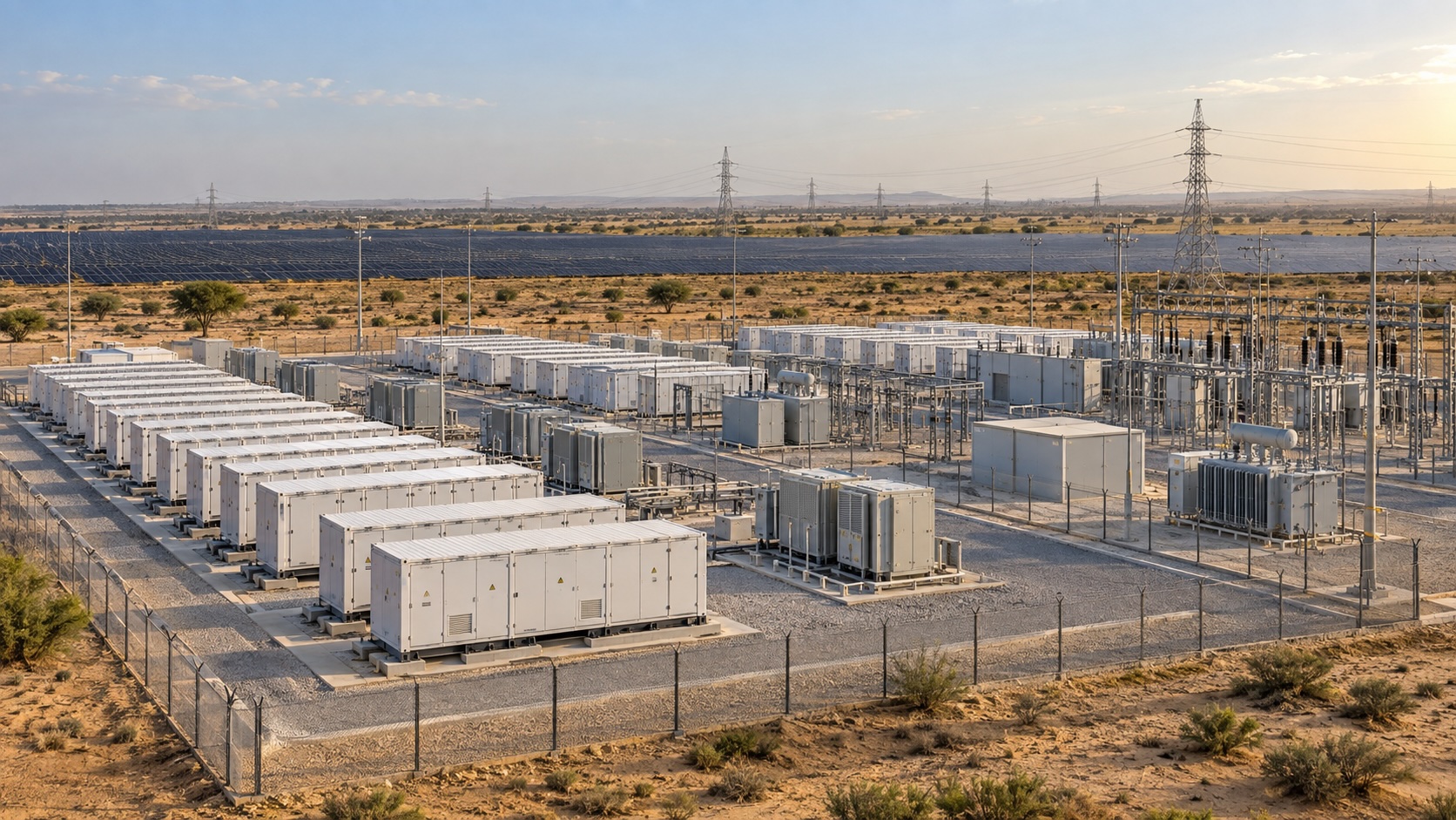 Editorial illustration of battery storage containers, a substation and solar panels in an arid Rajasthan landscape. - ACME Solar Rajasthan BESS