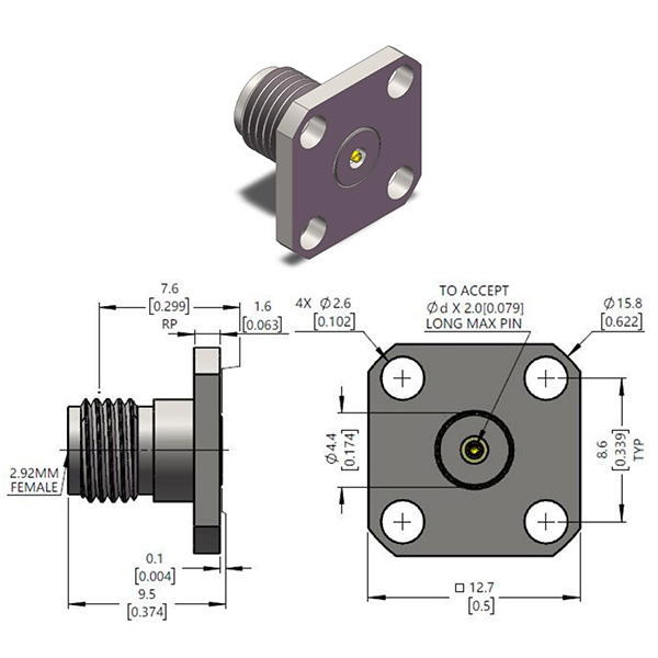 2.92mm Female Field Replaceable Connector 2 Hole Flange Mount With Metal Through Wall Pin P302