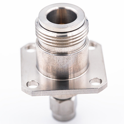 N Female to SMA Male Flange Mount Adapter, 25.4mm / 1.00″ Square