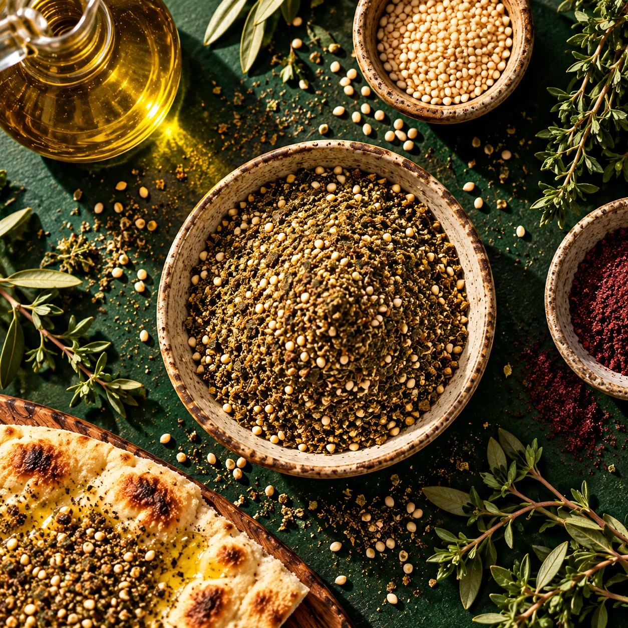 Overhead view of za'atar spice blend with sesame seeds, olive oil, and flatbread arranged on a dark green background.