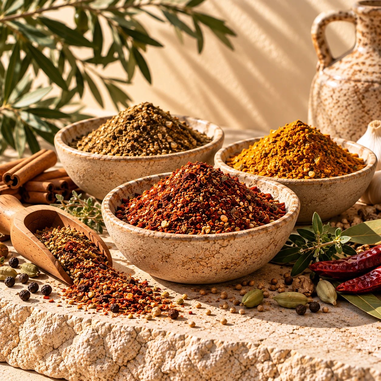 Middle Eastern spice blends featuring za’atar, baharat, and aromatic seasonings used in traditional Lebanese and Middle Eastern cooking.