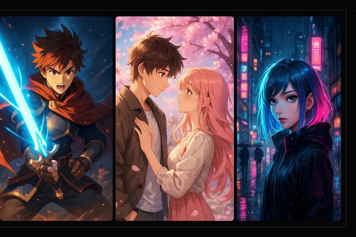 Feature image showing different Midjourney anime prompts, including anime warrior, cyberpunk girl, and romantic couple under cherry blossoms, representing how Midjourney generates stunning anime art styles.
