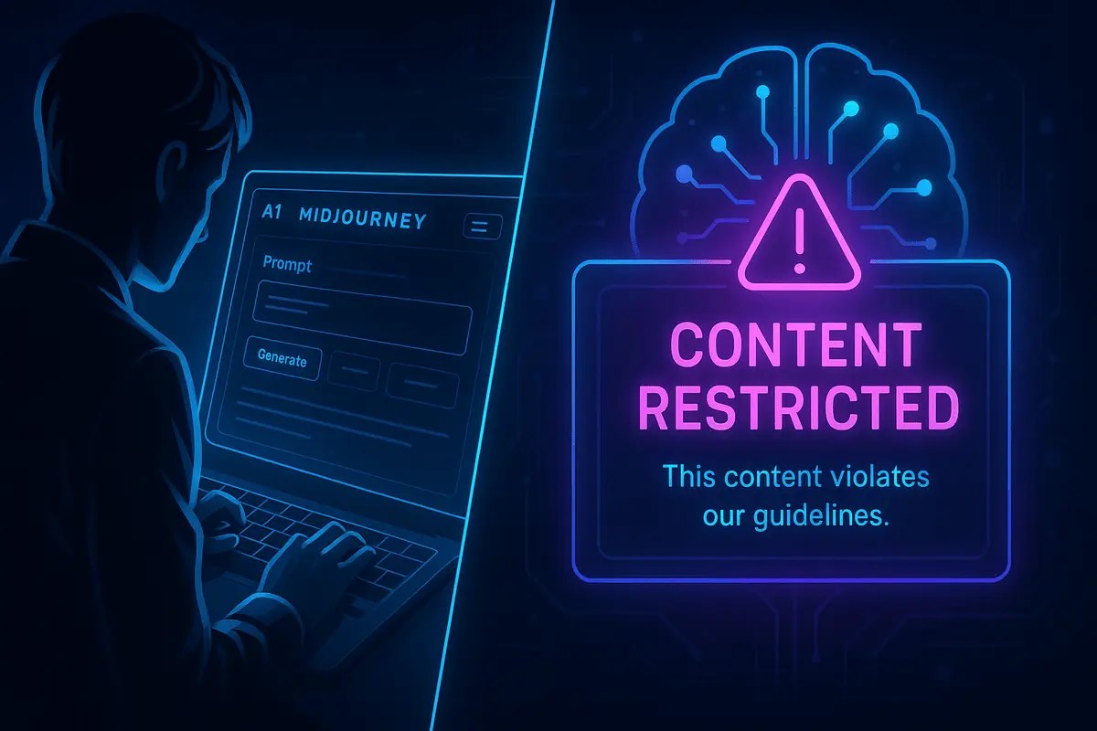 Midjourney Allow NSFW Content explained through a futuristic AI interface showing content blocked warnings on a dark background.