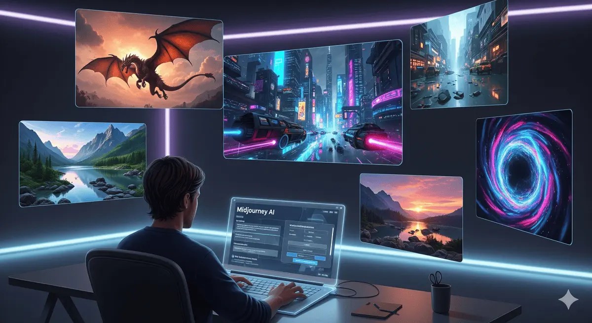 Detailed digital illustration of a futuristic workspace showing a designer creating AI art using Midjourney V7. Multiple holographic screens display fantasy, sci-fi, portrait, and abstract artworks. Bright neon lighting, modern environment, cinematic style — How to Write Effective Midjourney Prompts: Ultimate Guide.