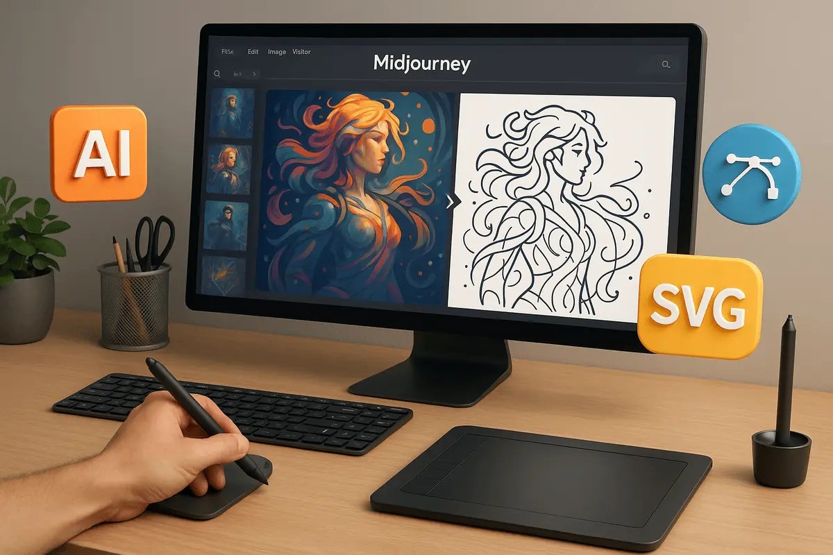 Can Midjourney create SVG illustration showing AI image conversion to vector graphics.
