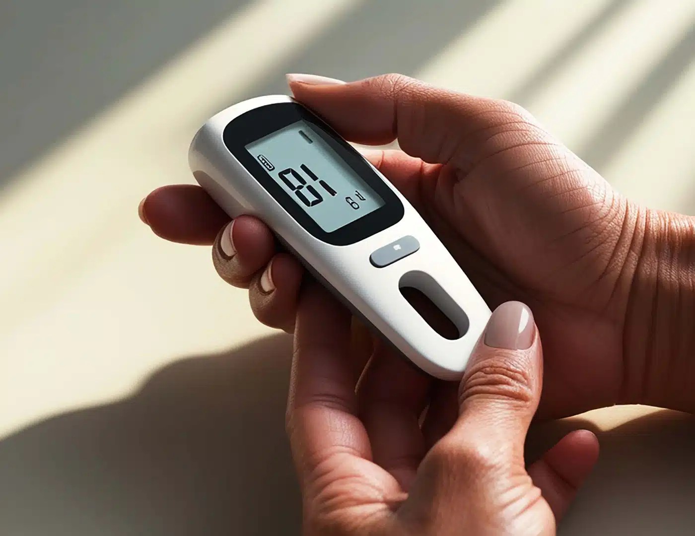 Hand holding a blood glucose meter showing a reading of 81 mg/dL in soft natural light