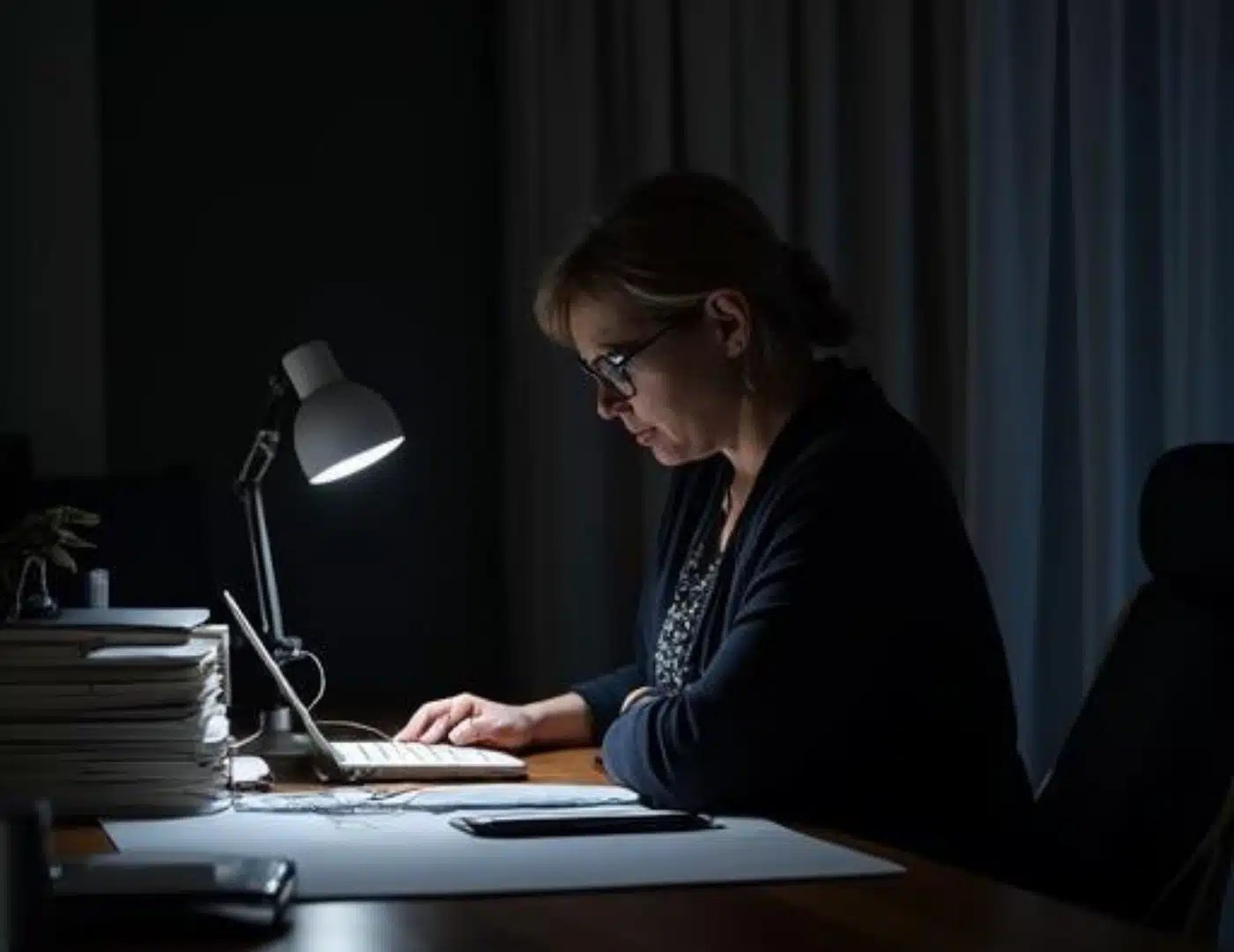Woman working late at a desk under a lamp, illustrating long work hours and an overextended schedule.