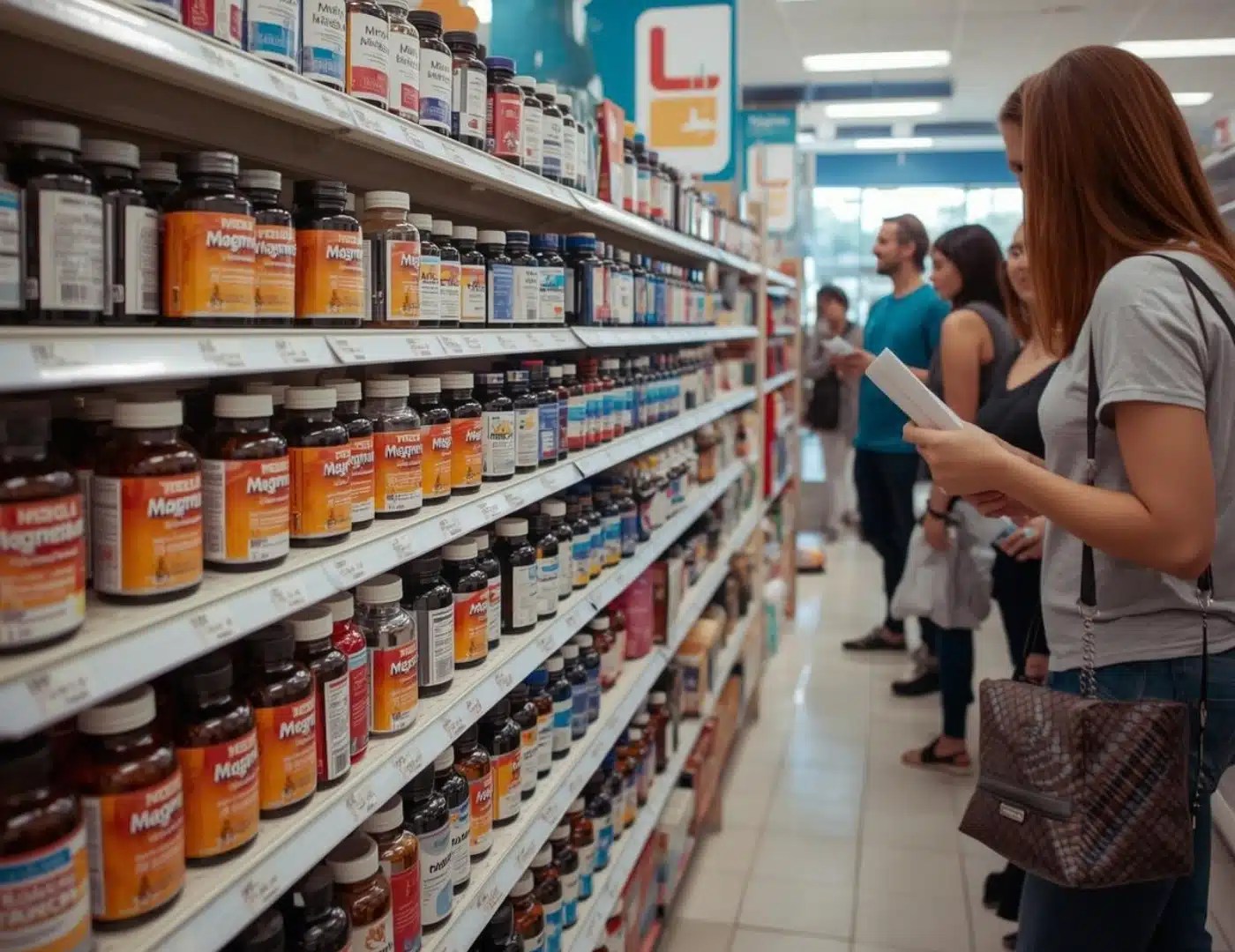 Woman standing in a health store aisle looking at shelves of magnesium and vitamin supplements while deciding which magnesium supplement to buy.