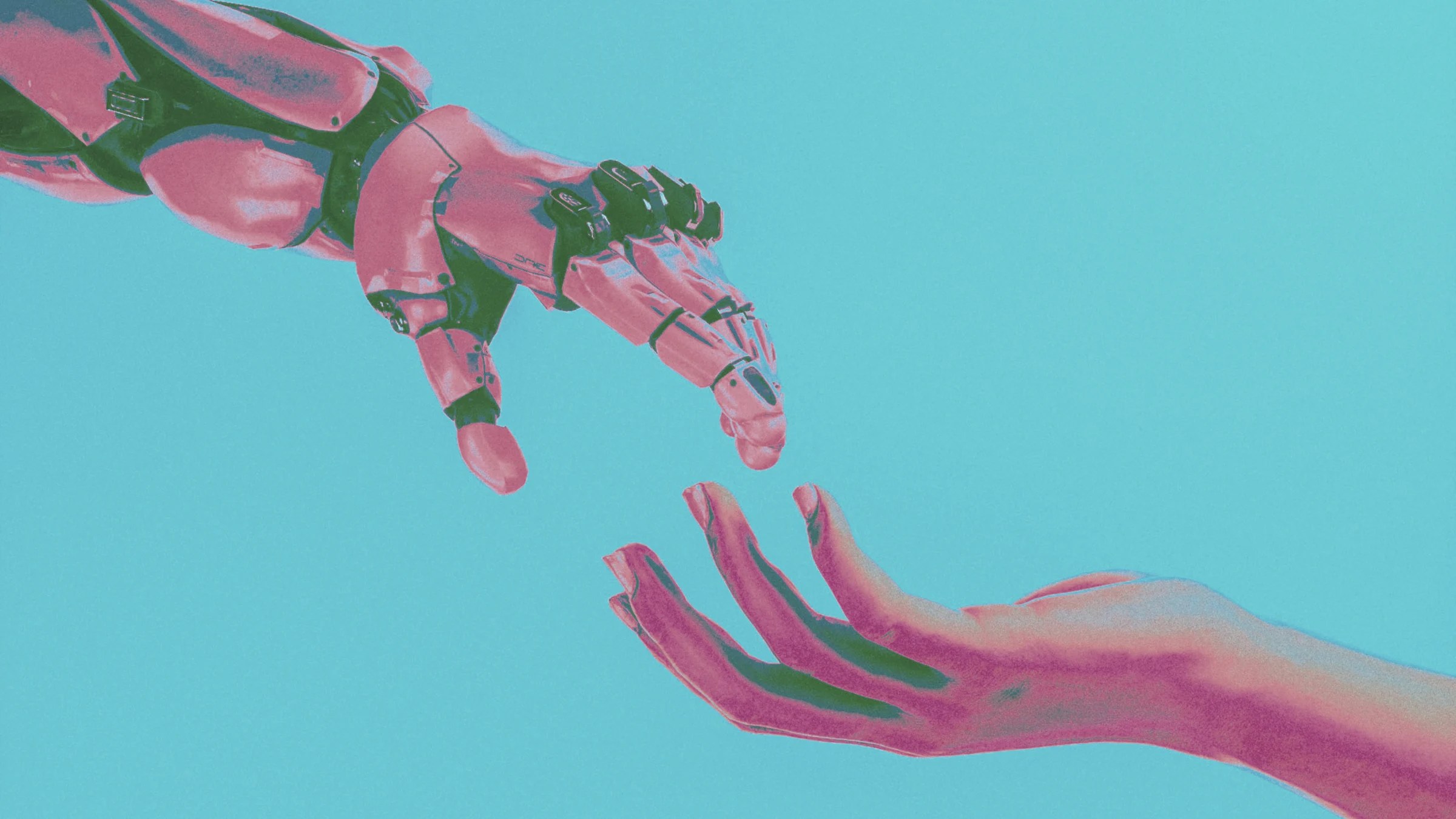 Pink robotic hand and a human hand reaching for each other on blue.