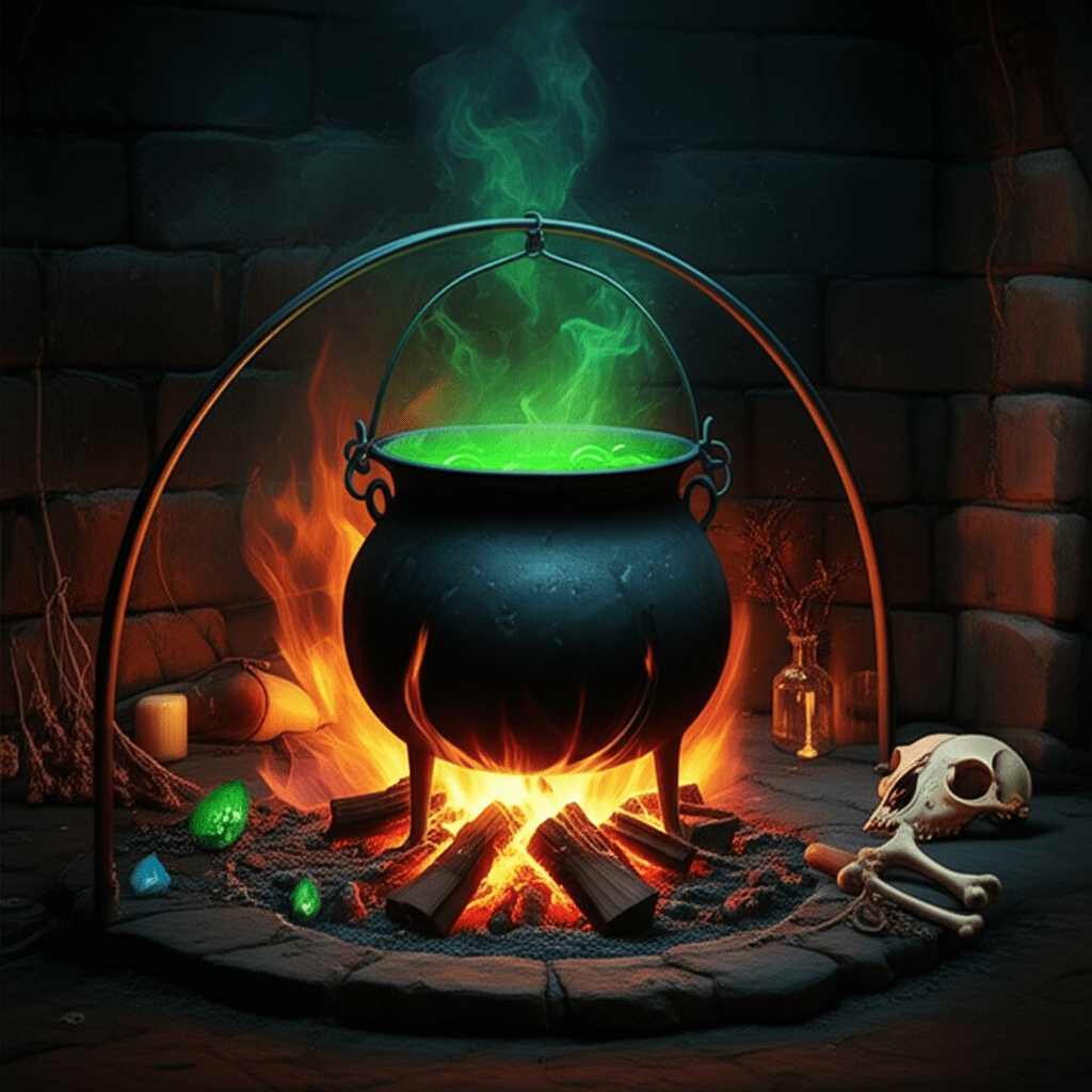 Generate a high-quality, relevant image prompt for an article about: Boiling Hearth: Ancient Witch’s