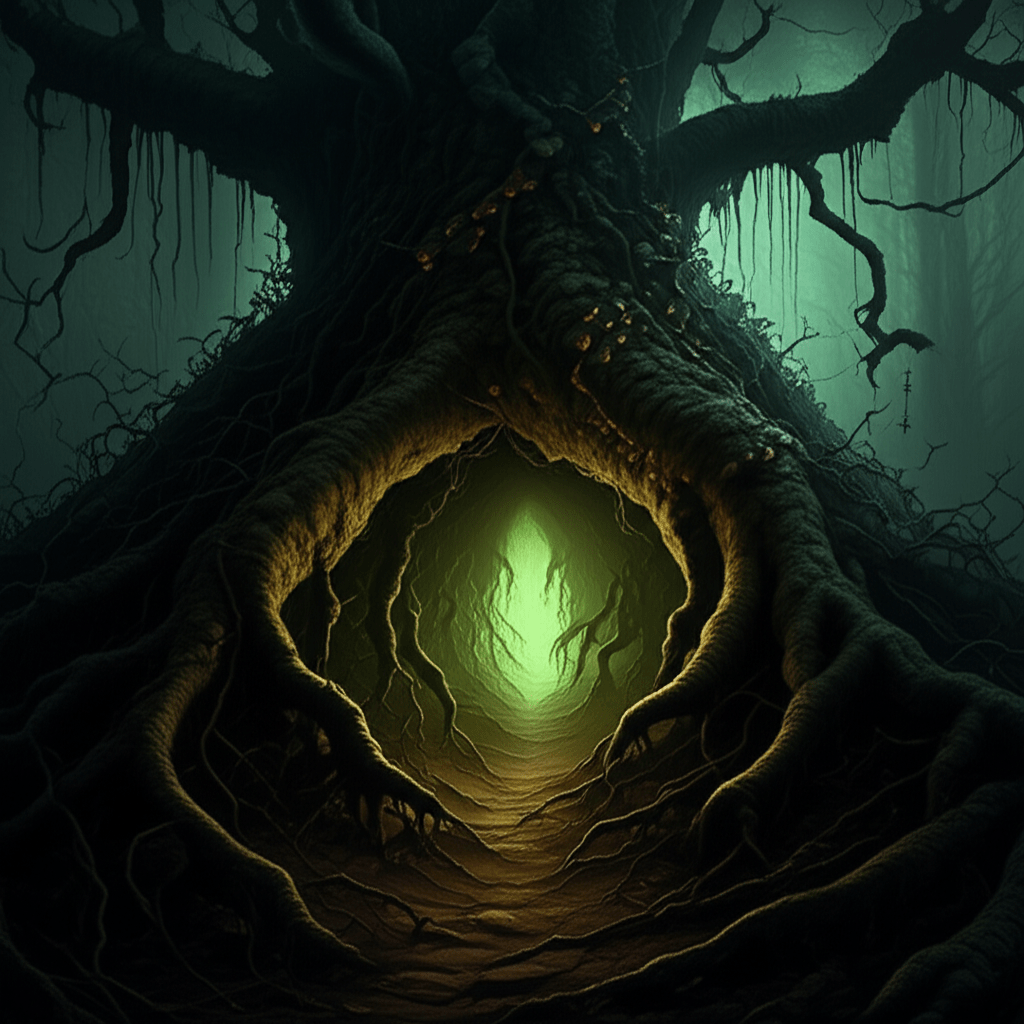 Generate a high-quality, relevant image prompt for an article about: Curse of the Ancient Root Witch