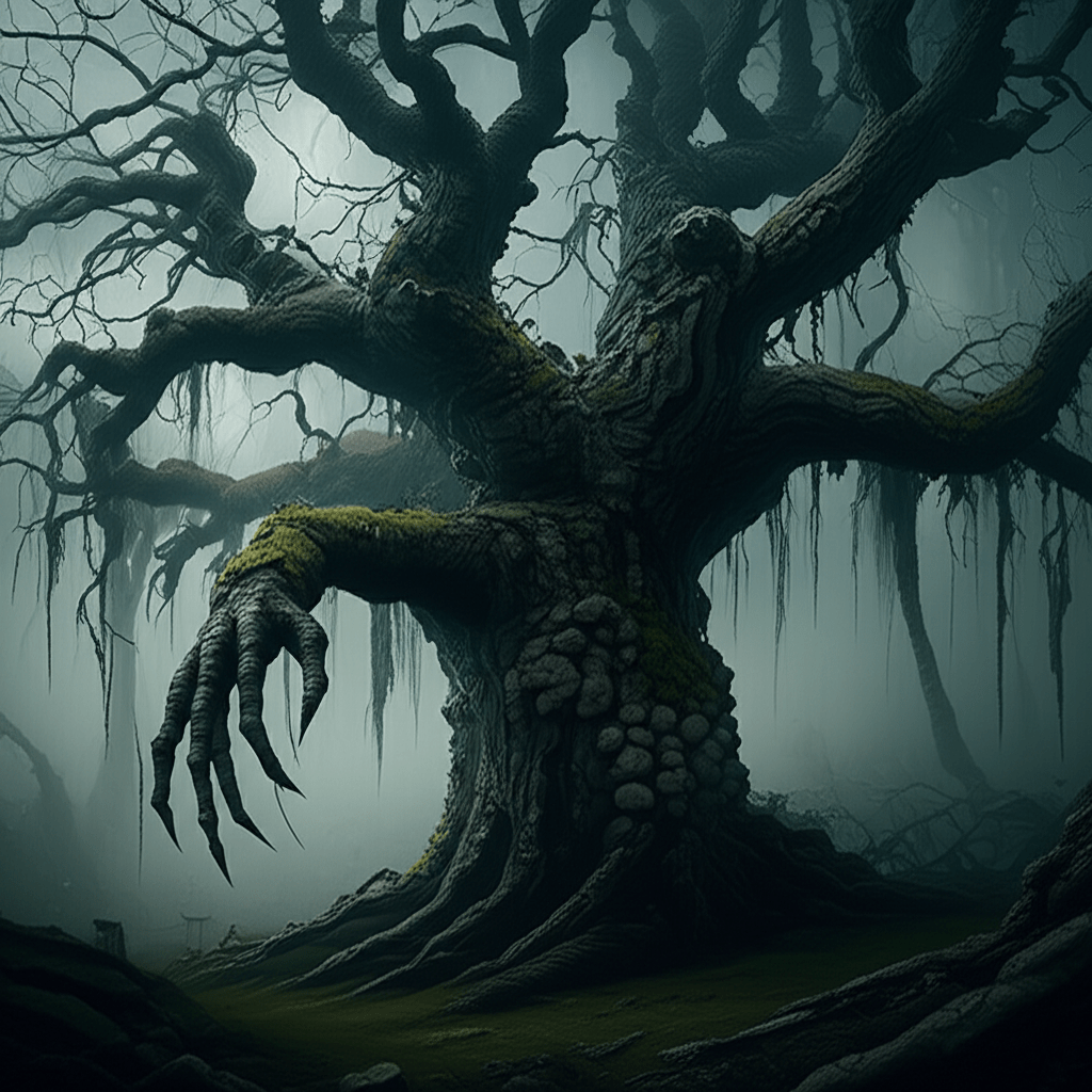 Generate a high-quality, relevant image prompt for an article about: Cursed Willow: Stone Folk Horro