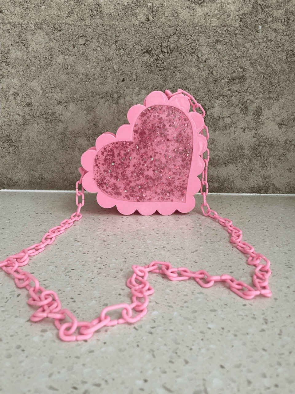 Pink Glitter Scalloped Heart Crossbody Handbag