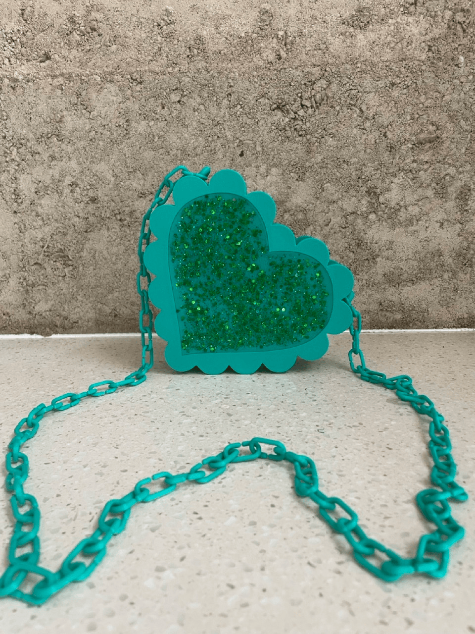 Green Glitter Scalloped Heart Crossbody Handbag