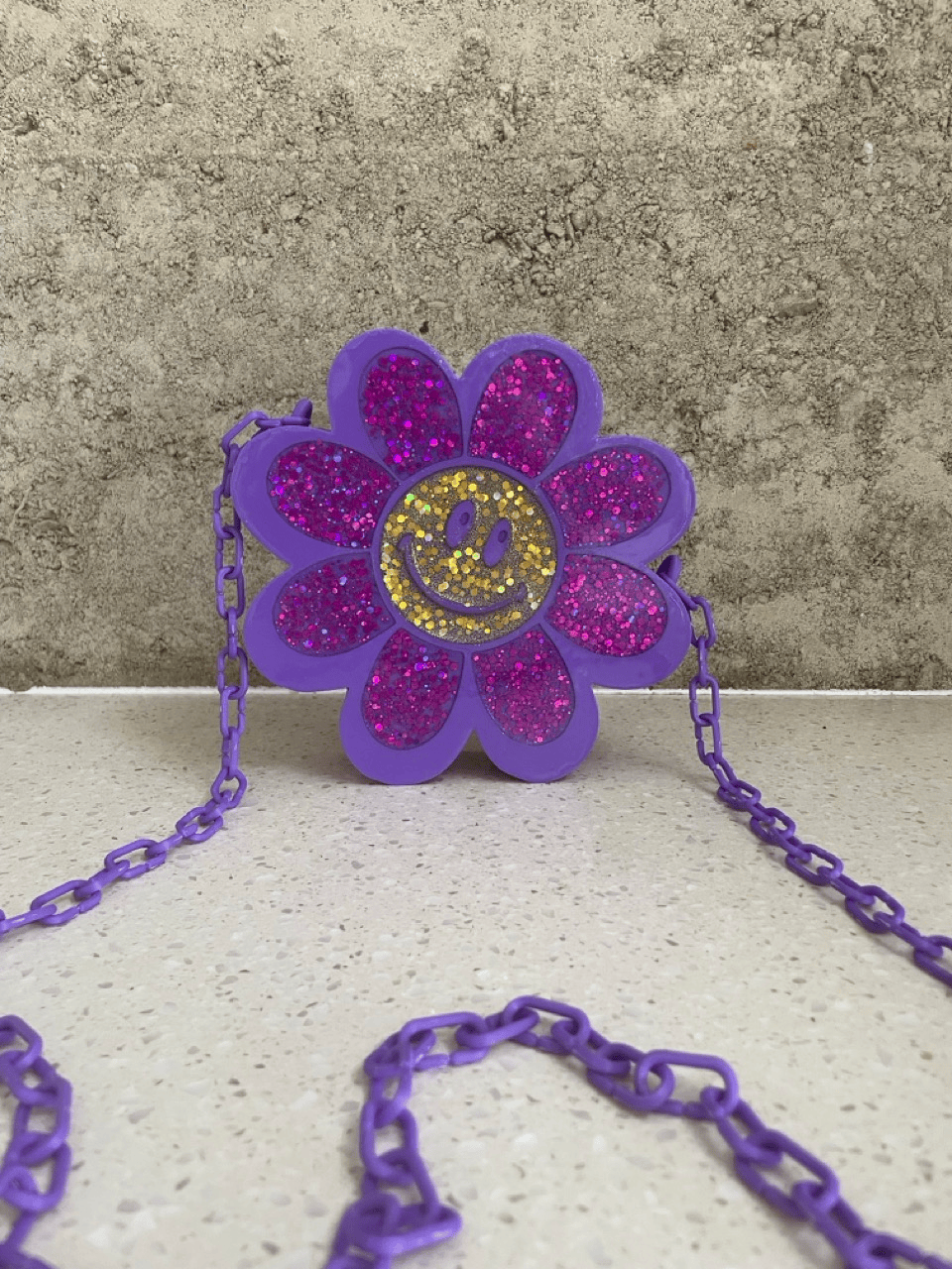 Purple Glitter Resin Smiley Flower Crossbody Handbag