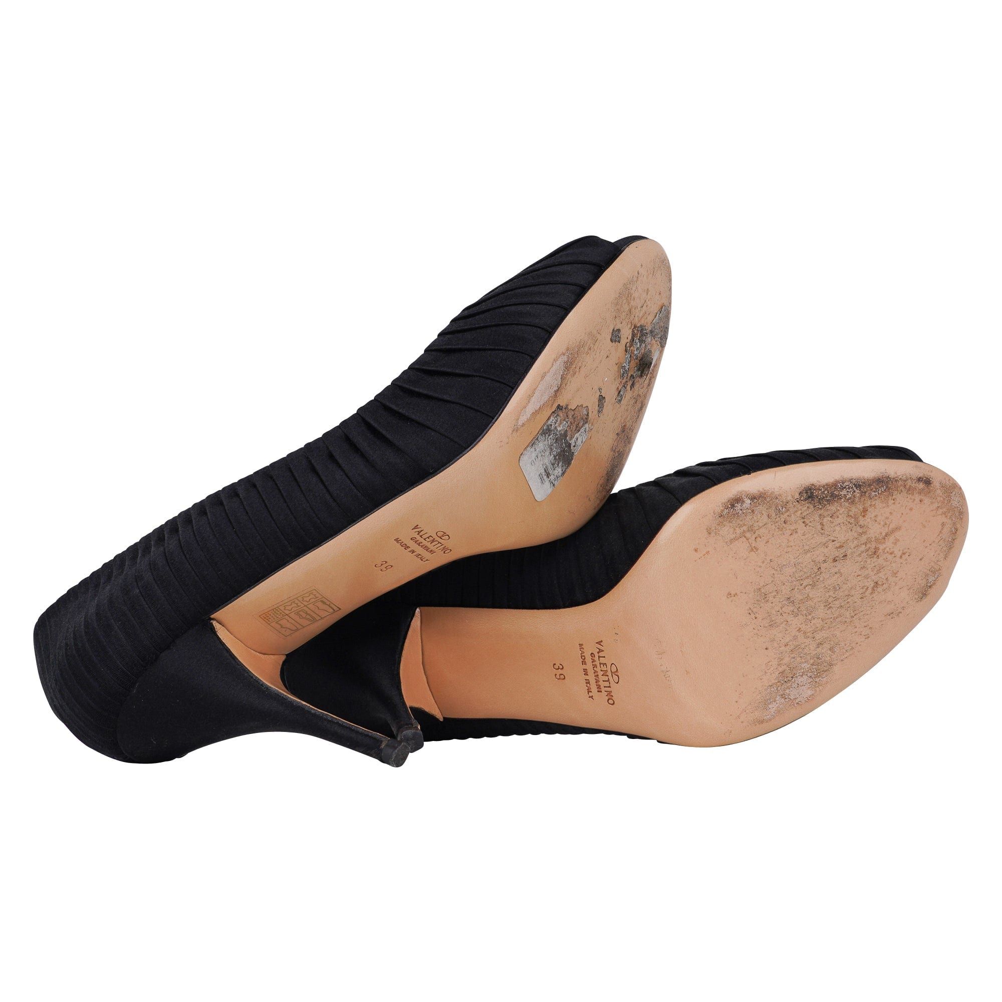 Valentino Black Satin Peep Toe Pump – Tuxedo Pleated Heel