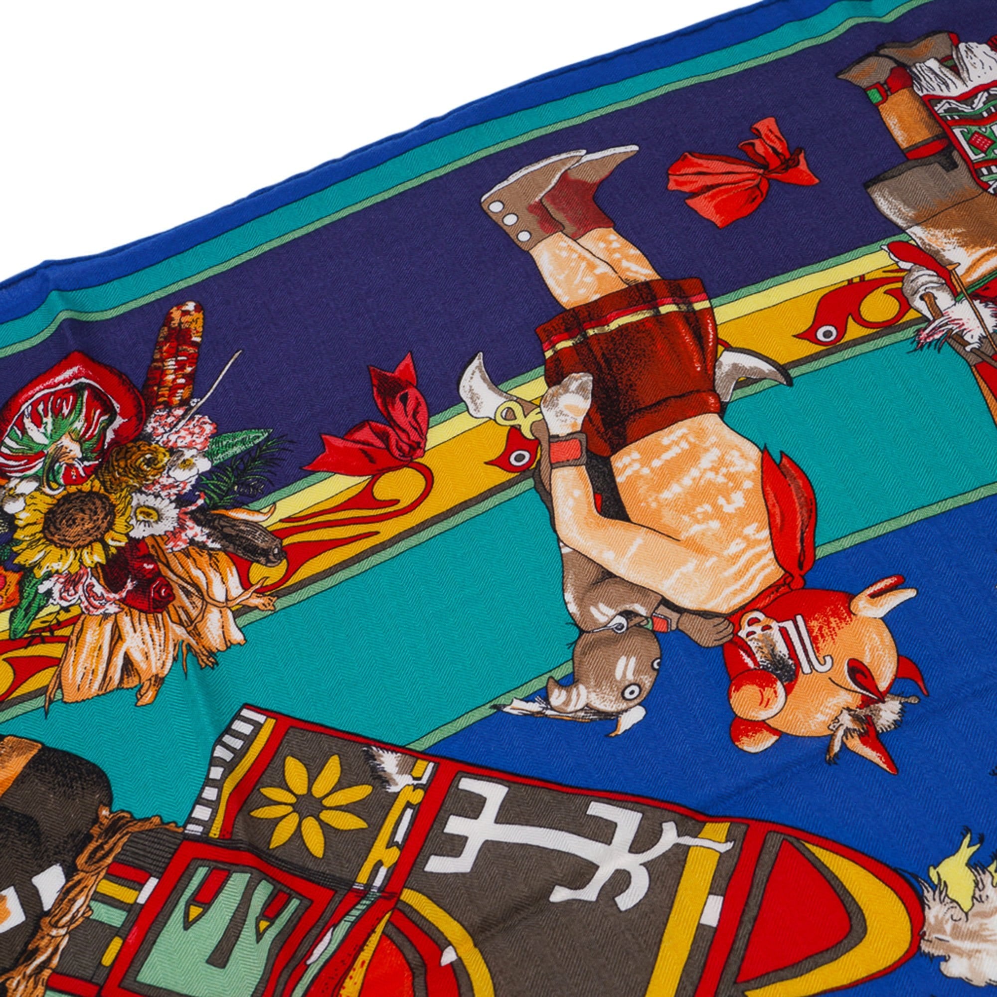 Hermes Kachinas Shawl 140 Bleu Royal Cashmere Silk Scarf New
