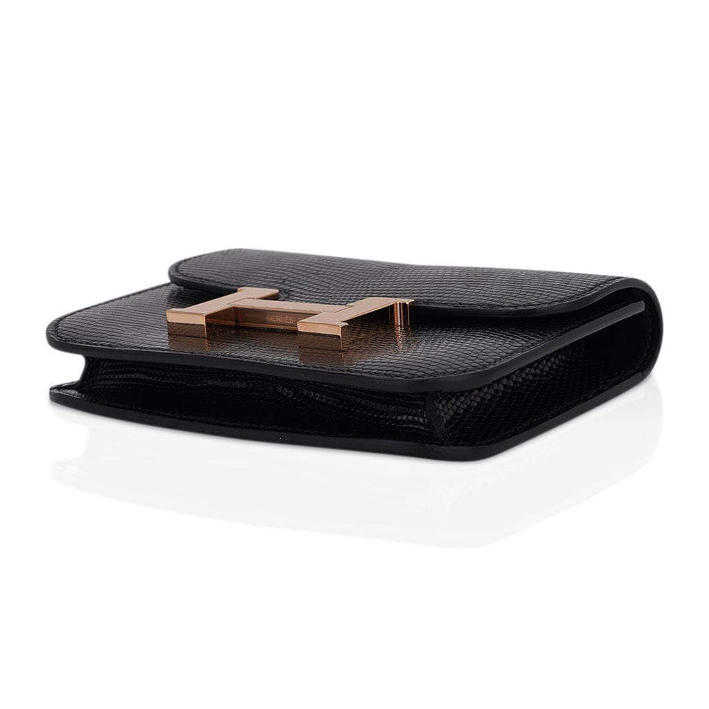 Hermes Constance Slim Wallet Belt Bag Black Lizard Rose Gold