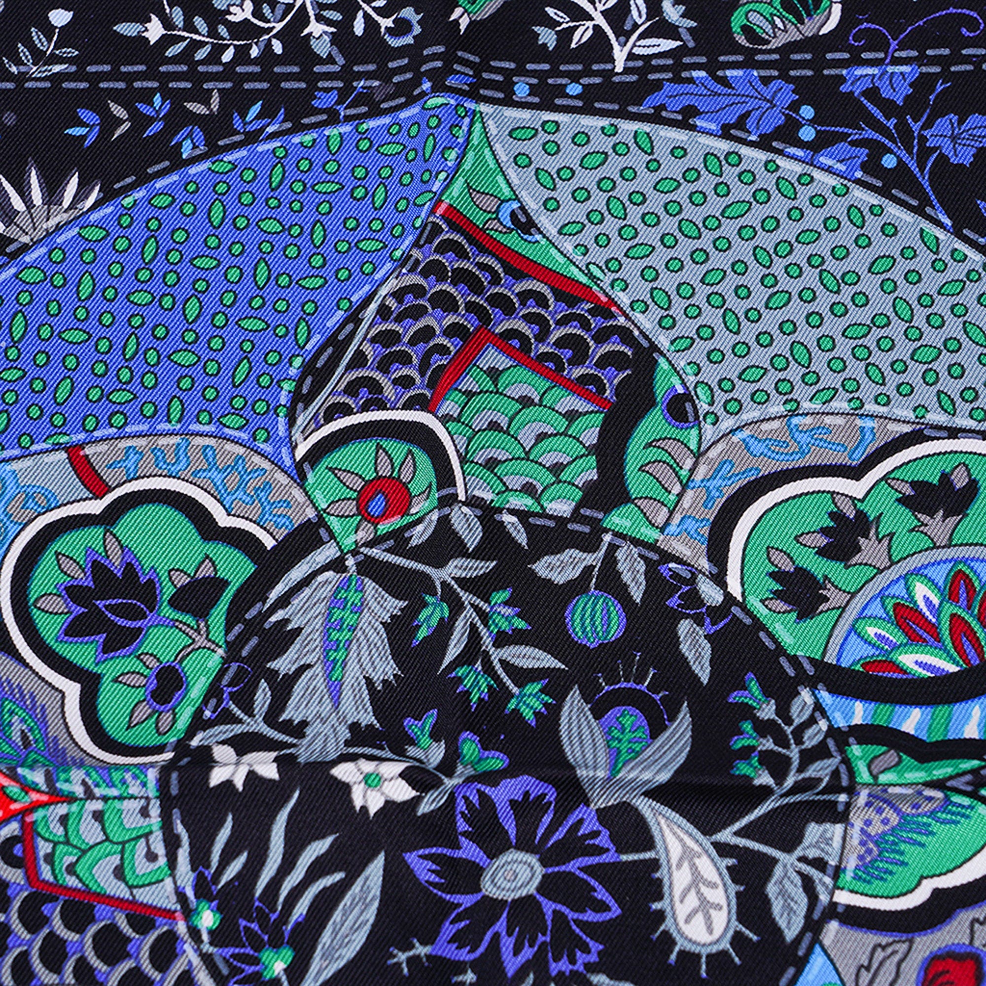 Hermes Pique Fleuri de Provence Scarf Black / Yellow / Blue Silk