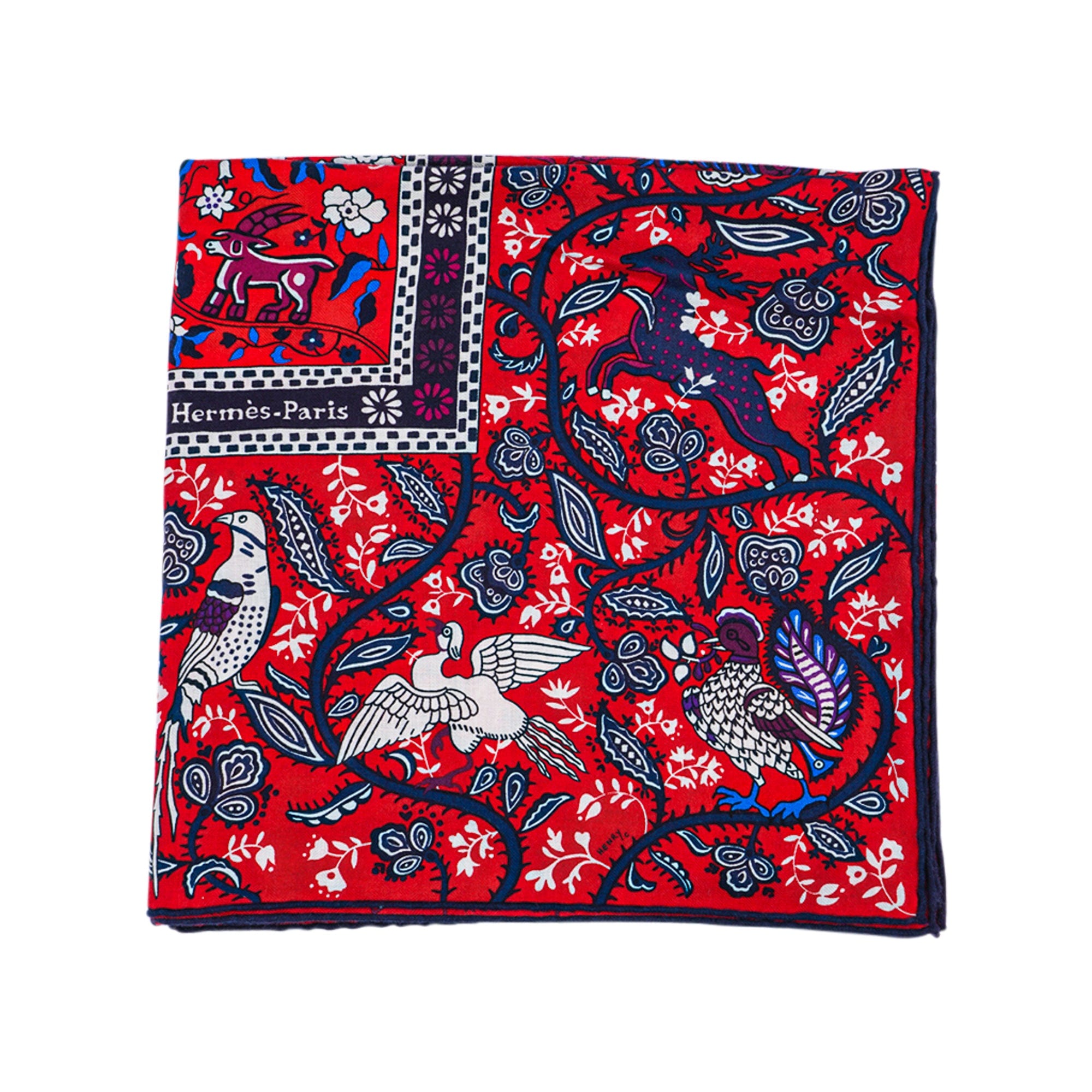 Hermes Silk and Cashmere Shawl 140 Jardins de Soie Rouge Blue and
