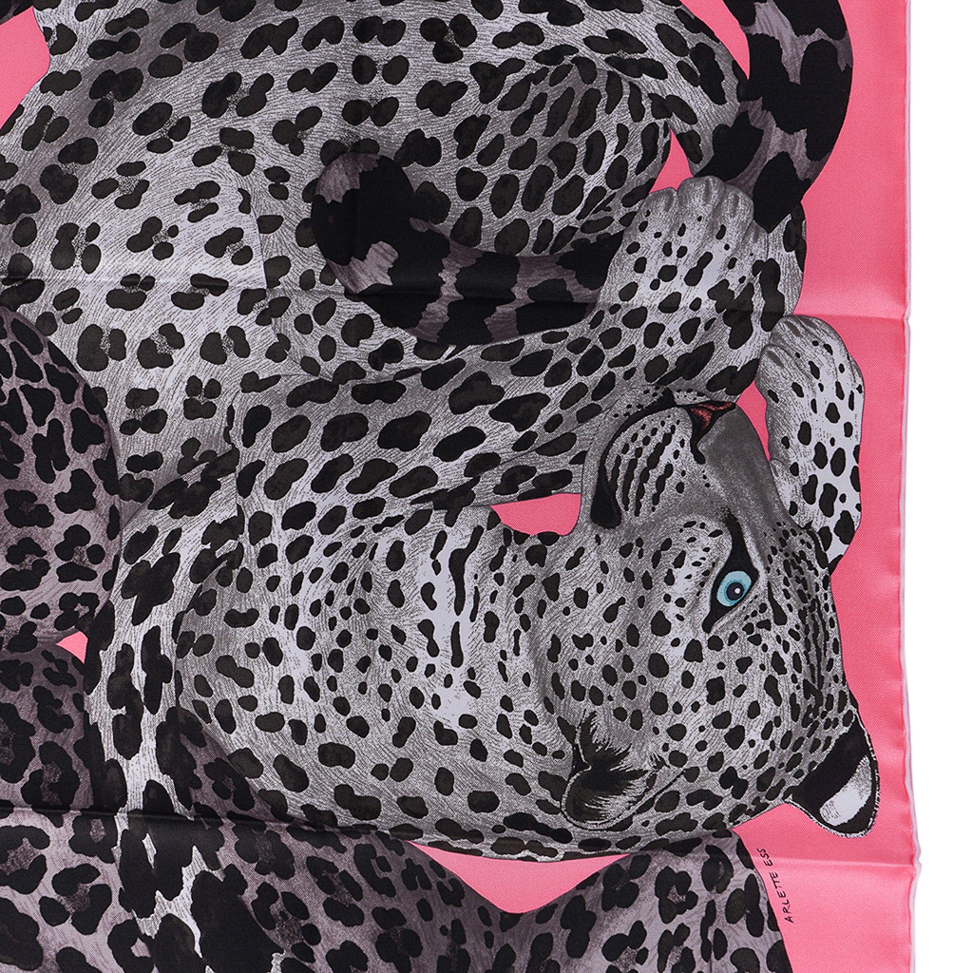 Hermès Lazy Leopardesses Scarf 90 Rose Vif Anthracite and Miel