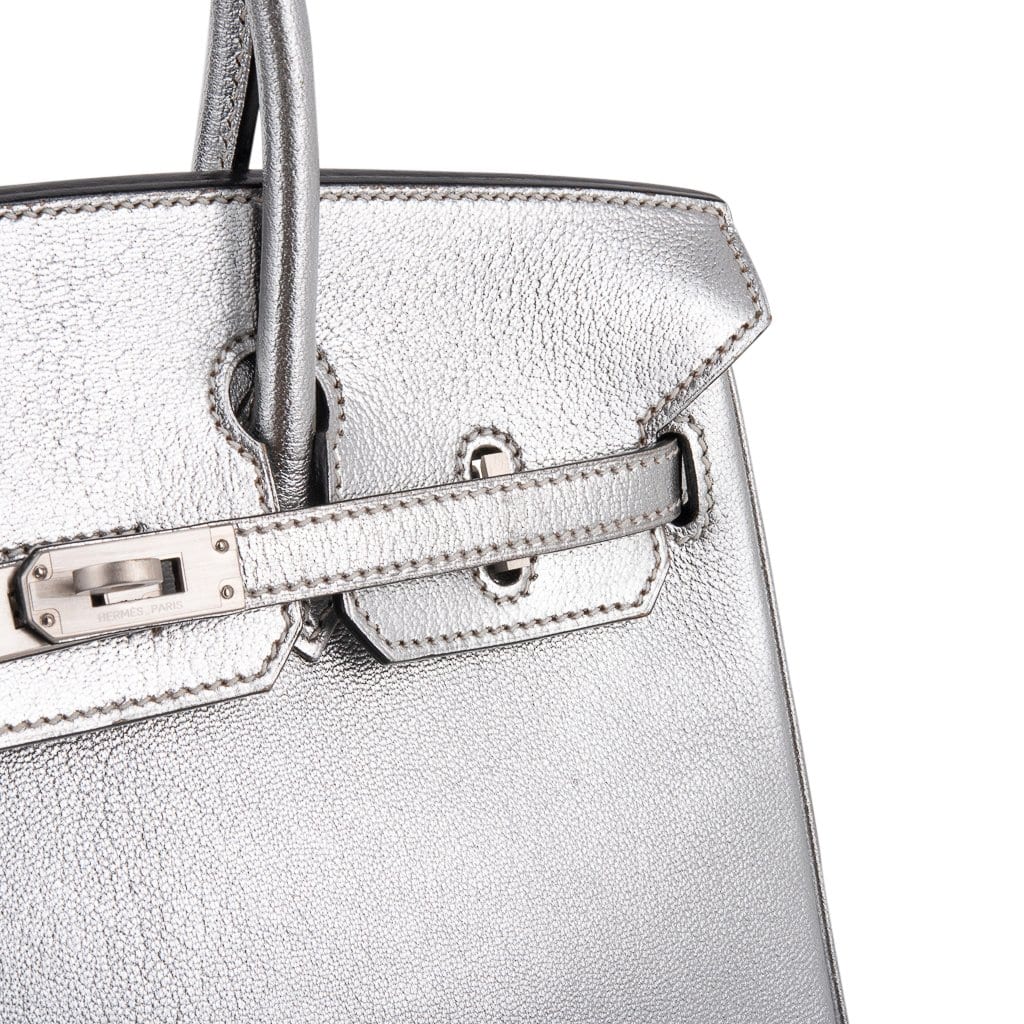 Hermes Birkin 25 Bag Metallic Silver Chevre with Brushed Palladium