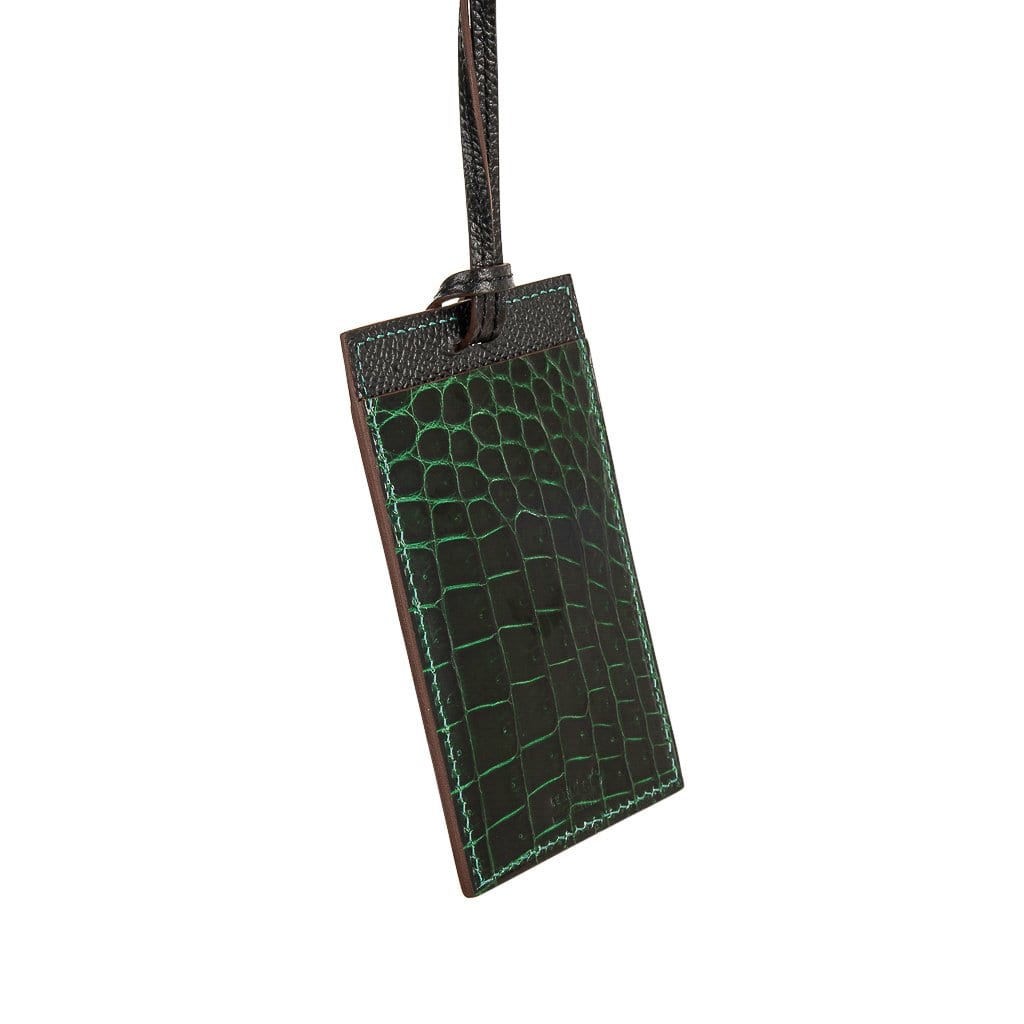 Hermes Lanyard Card Holder Vert Fonce Porosus Crocodile with Black