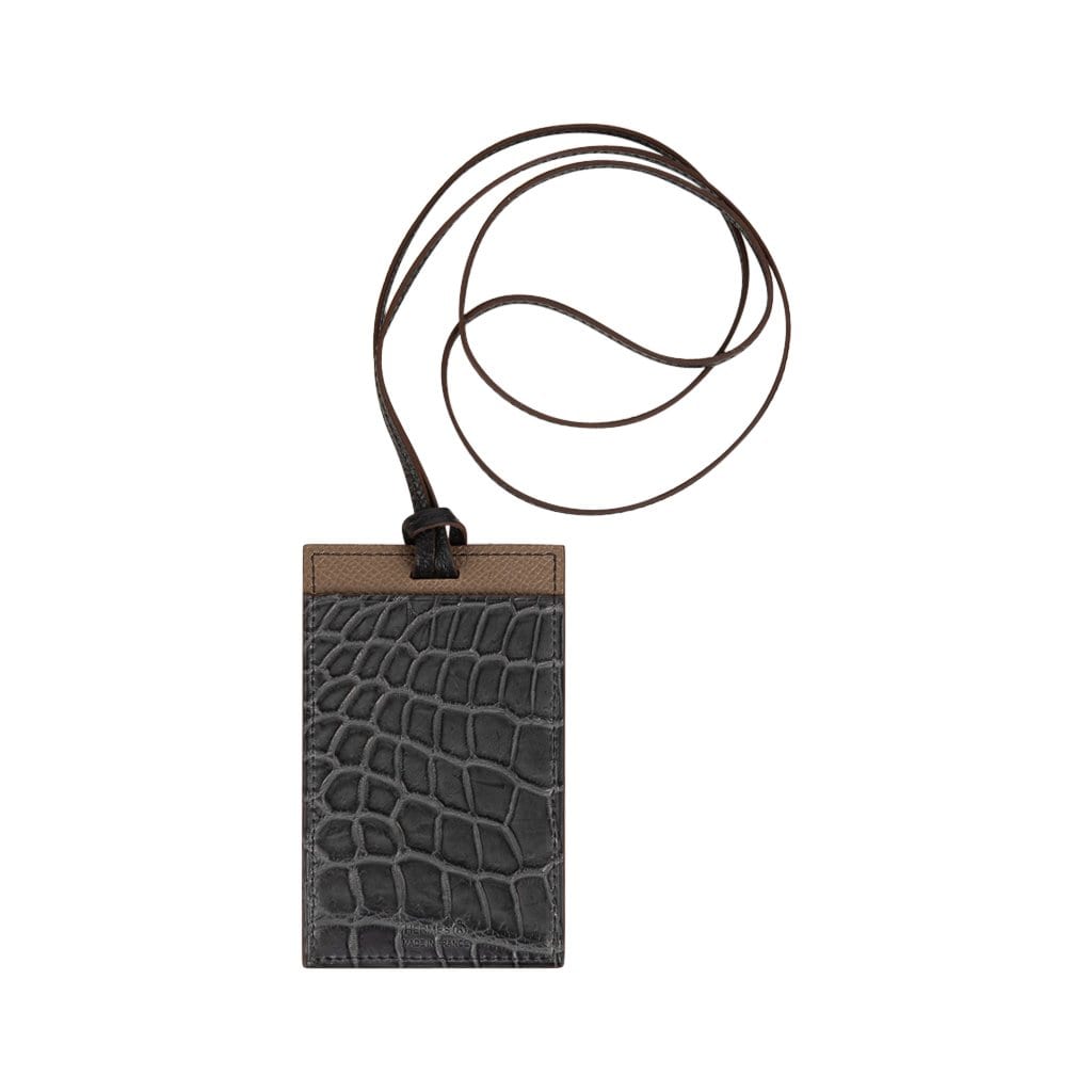 Hermes Lanyard Card Holder Graphite Matte Porosus Crocodile with