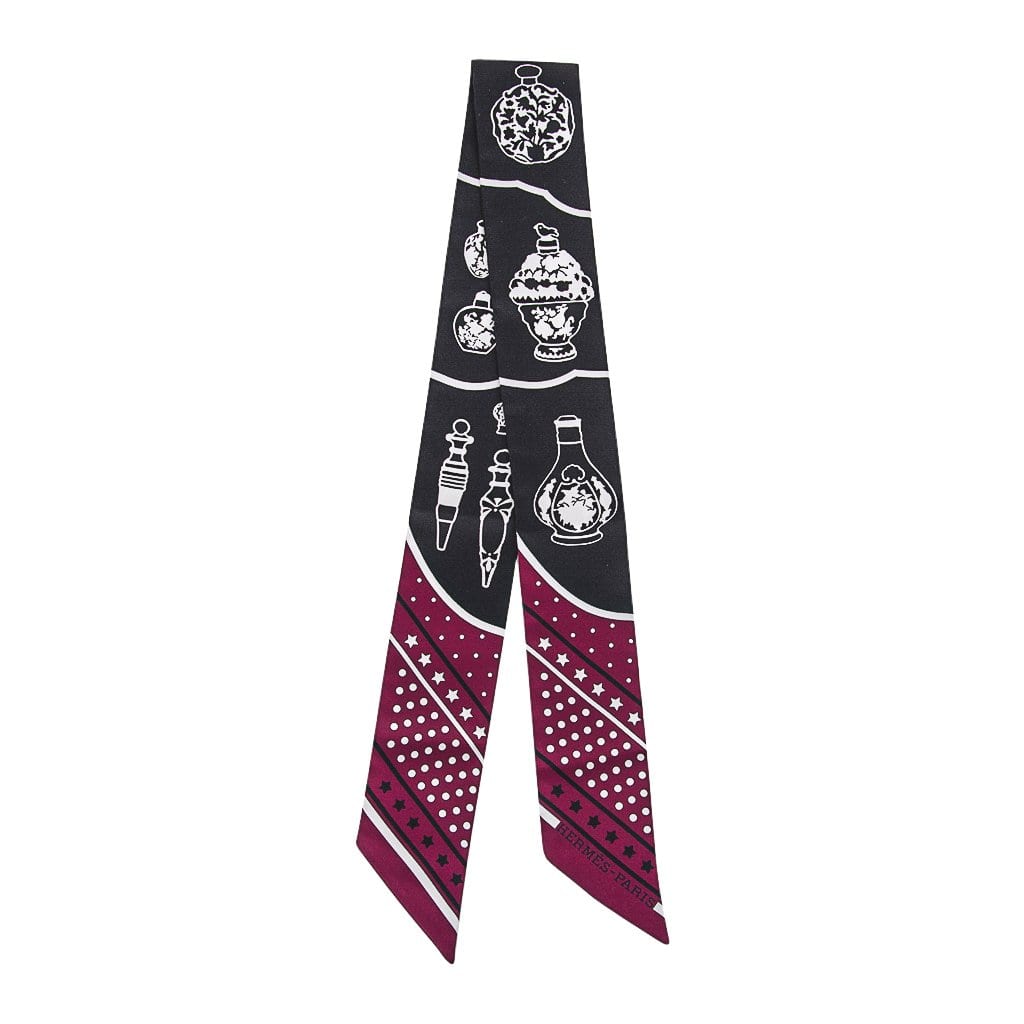 Hermes Twilly Silk Scarf Les Flacons Bandana Black / Bordeaux Very