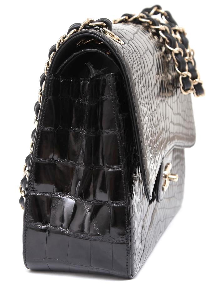 Chanel 12A Black Alligator Classic Double Flap Jumbo Gold Hardware