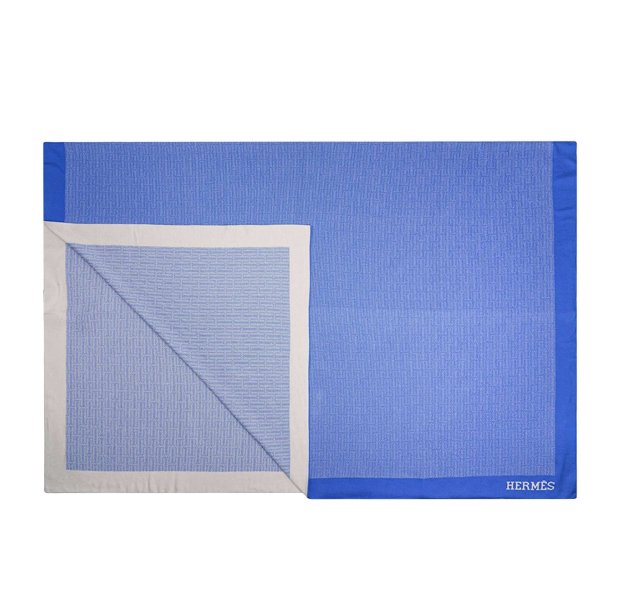 Hermes Cravache herringbone cotton cashmere blanket Blue and Ecru mightychic