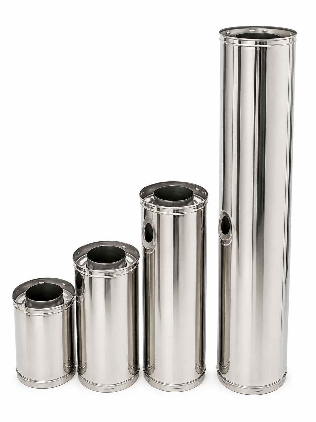 Four stainless-steel MightyVent chimney pipe sections in different lengths.