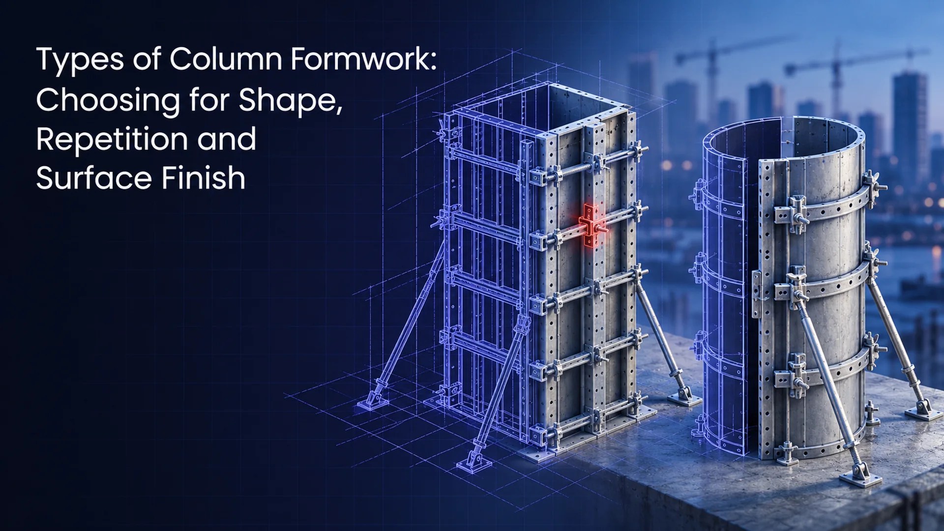 Square and circular column formwork shown with a technical blueprint overlay.