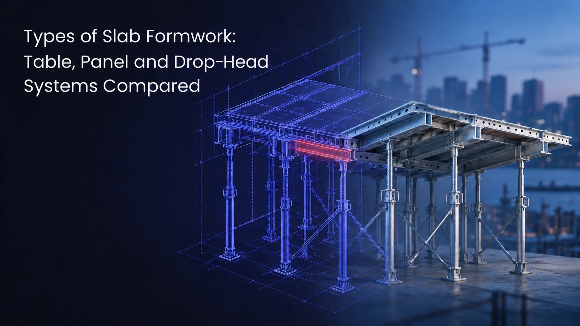 Slab formwork panels and adjustable supports shown with a technical blueprint overlay.