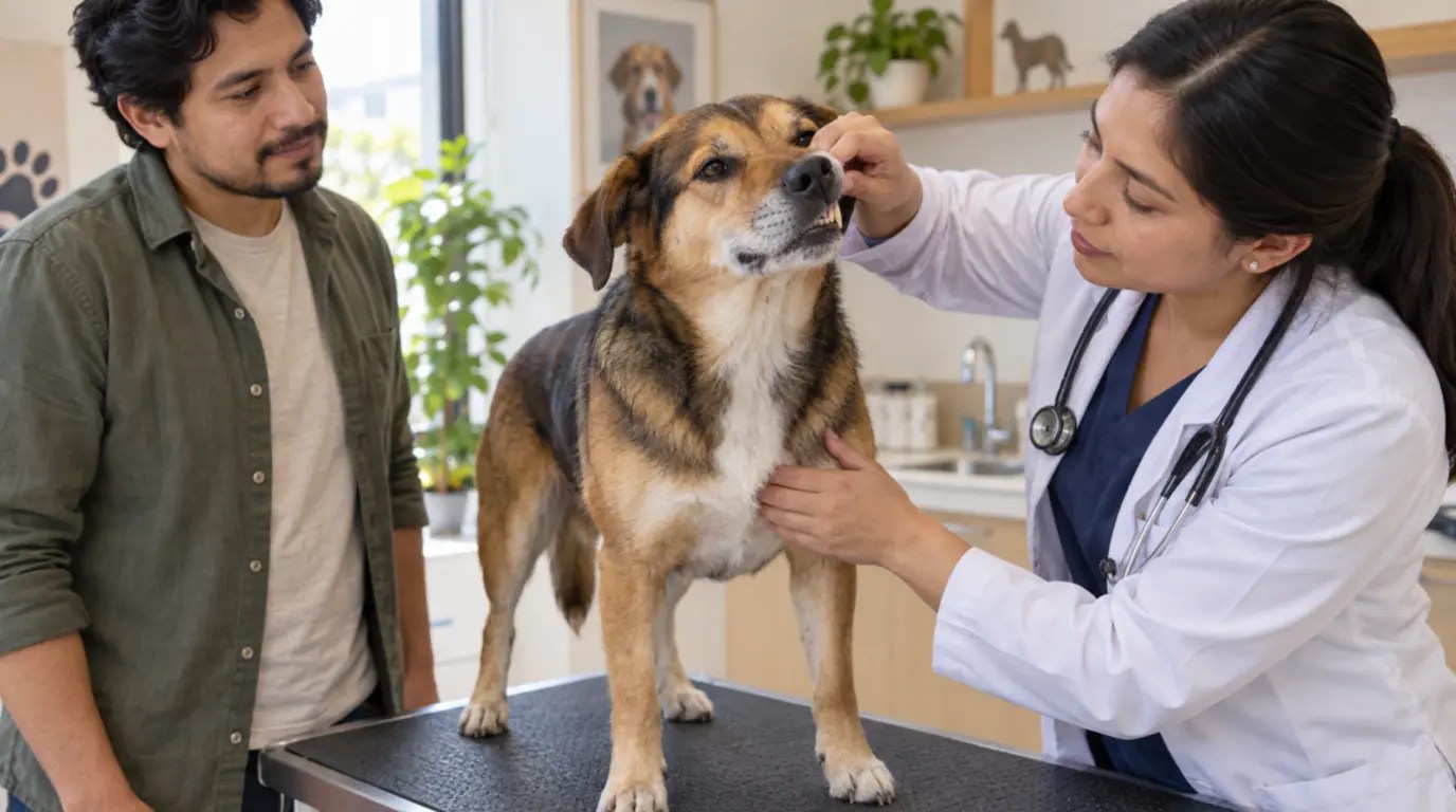 Veterinaria evalúa los dientes y la condición física de un perro adulto para estimar su etapa de vida.