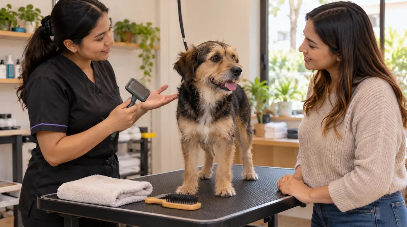 Groomer explica el cepillado de un perro tranquilo mientras su cuidadora observa.
